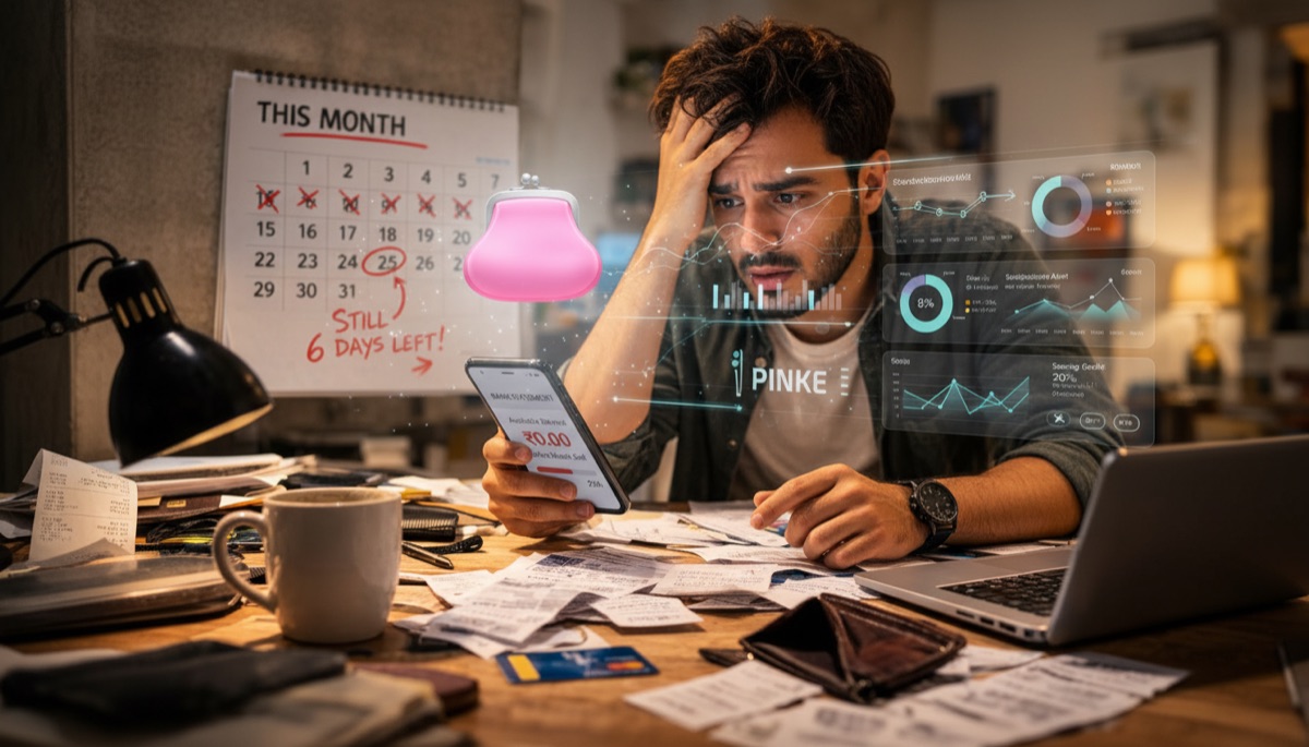 Eine Person am Schreibtisch voller Belege und Kontoauszüge prüft ihre Finanzen am Handy.